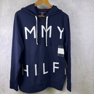 Tommy Hilfiger Hoodie Sweatshirt Pullover Spell Out Logo Navy Blue‎ Mens M